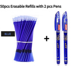 2+50Pcs/Set 0.5mm Blue Black Ink Gel Pen Erasable Refill Rod Erasable Pen Washable Handle School Writing Stationery Gel Ink Pen